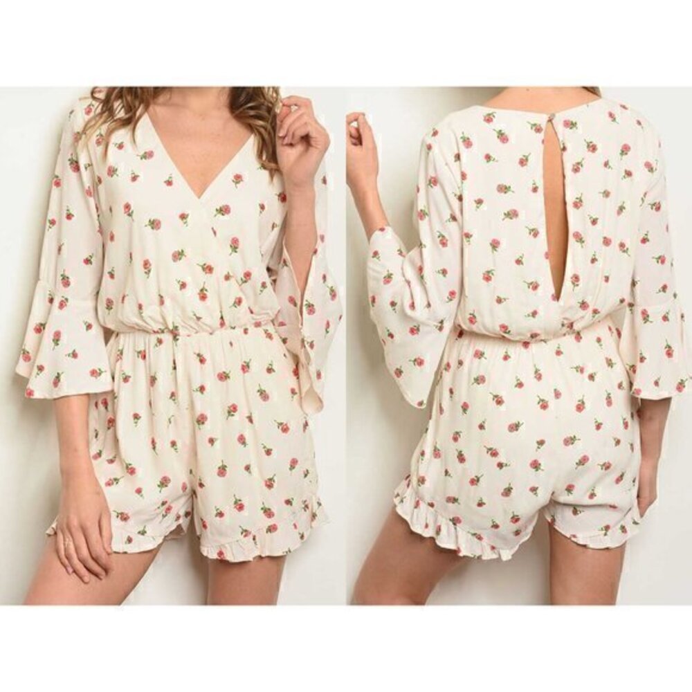Molly Green Rose Print Floral Ruffle Cream 3/4 Sleeve Romper Sz L